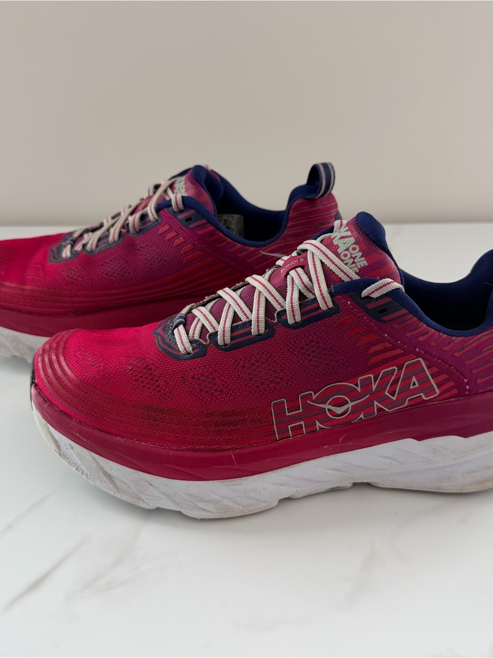 HOKA ONE ONE Bondi 8 Red/Blue/White Cushioned Running Mesh Sneaker Women’s 9.5
